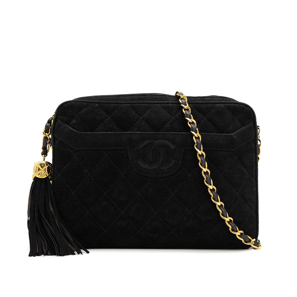 VINTAGE CHANEL MATELASSE FRINGE CHAIN SHOULDER BAG BLACK SUEDE 90313543