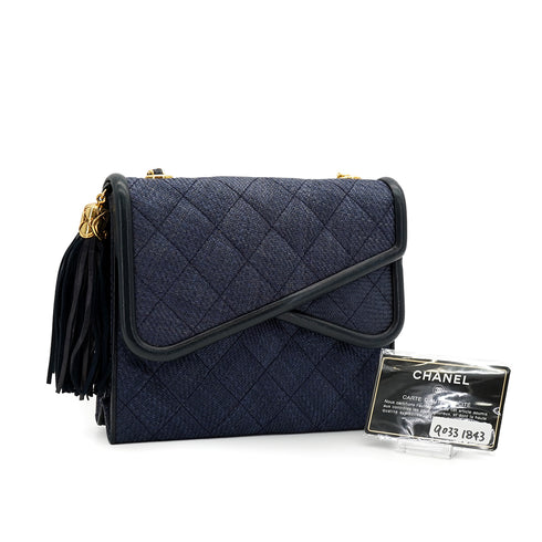 VINTAGE CHANEL MATELASSE FRINGE CHAIN SHOULDER BAG LINEN GOLD HARDWARE 90331843