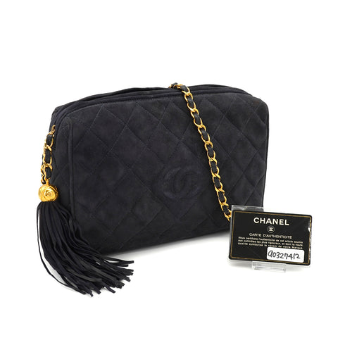 VINTAGE CHANEL MATELASSE FRINGE CHAIN SHOULDER BAG NAVY SUEDE GOLD HARDWARE 90327412