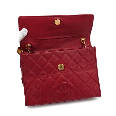 VINTAGE CHANEL MATELASSE FRINGE CHAIN SHOULDER BAG RED LAMB SKIN GOLD HARDWARE 90342573