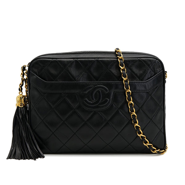 VINTAGE CHANEL COCOMARK MATELASSE FRINGE CHAIN SHUOLDER BAG BLACK LAMB SKIN GOLD HARDWARE 90321008