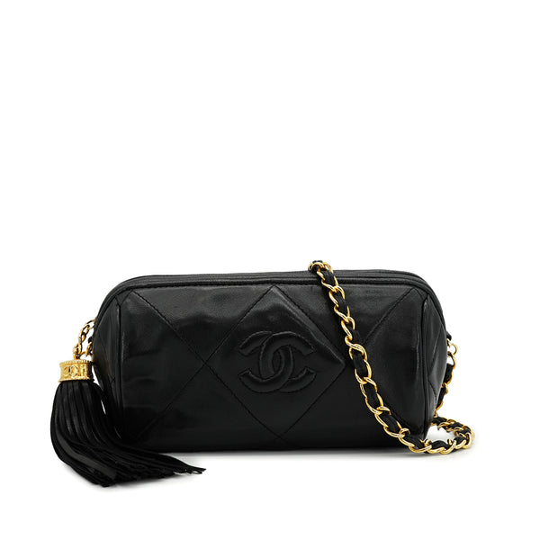VINTAGE CHANEL MATELASSE FRINGE CHAIN SHUOLDER BAG BLACK LAMB SKIN GOLD HARDWARE 90327090
