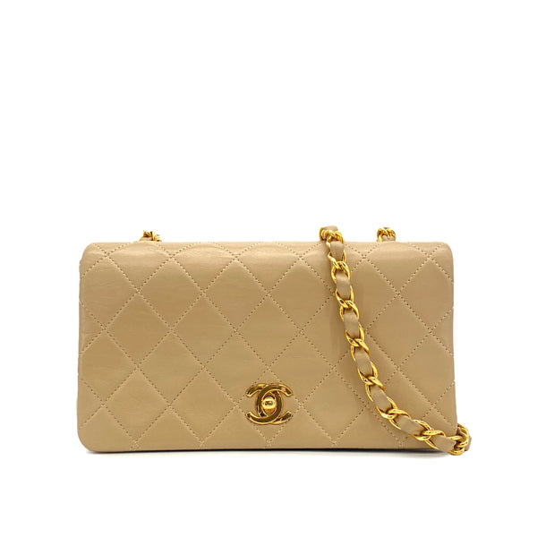 VINTAGE CHANEL MATELASSE FULL FLAP CHAIN SHOULDER BAG BEIGE LAMB SKIN GOLD HARDWARE 90327055