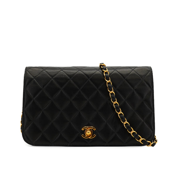 VINTAGE CHANEL MATELASSE FULL FLAP CHAIN SHOULDER BAG BLACK LAMB SKIN GOLD HARDWARE 90333182