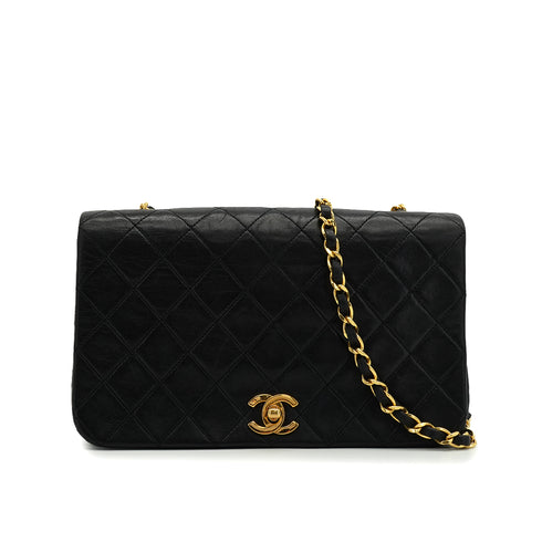VINTAGE CHANEL MATELASSE FULL FLAP CHAIN SHOULDER BAG BLACK LAMB SKIN GOLD HARDWARE 90344380