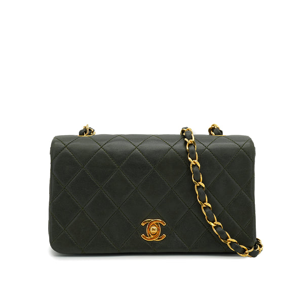 VINTAGE CHANEL MATELASSE FULL FLAP CHAIN SHOULDER BAG DARK GREEN LAMB SKIN GOLD HARDWARE 90328119