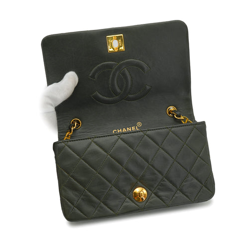VINTAGE CHANEL MATELASSE FULL FLAP CHAIN SHOULDER BAG DARK GREEN LAMB SKIN GOLD HARDWARE 90328119