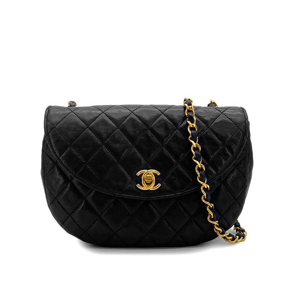 VINTAGE CHANEL MATELASSE HALF MOON CHAIN SHOULDER BAG BLACK LAMB SKIN 90317916