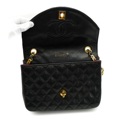 VINTAGE CHANEL MATELASSE HALF MOON CHAIN SHOULDER BAG BLACK LAMB SKIN 90344086