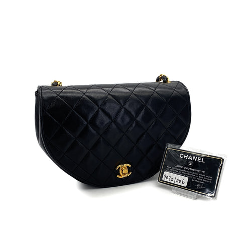 VINTAGE CHANEL MATELASSE HALF MOON CHAIN SHOULDER BAG BLACK LAMB SKIN GOLD HARDWARE 90321006
