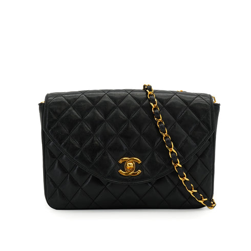 VINTAGE CHANEL MATELASSE HALF MOON CHAIN SHOULDER BAG BLACK LAMB SKIN GOLD HARDWARE 90324751