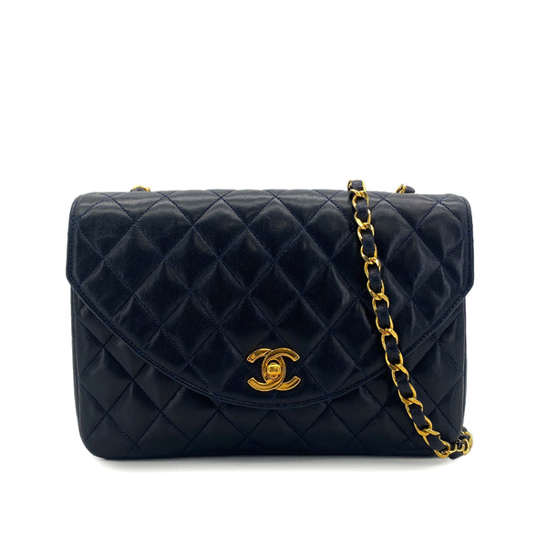 VINTAGE CHANEL MATELASSE HALF MOON CHAIN SHOULDER BAG NAVY LAMB SKIN GOLD HARDWARE 90304766