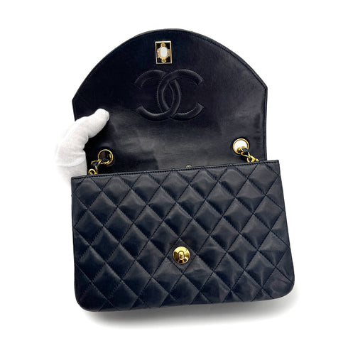 VINTAGE CHANEL MATELASSE HALF MOON CHAIN SHOULDER BAG NAVY LAMB SKIN GOLD HARDWARE 90322793