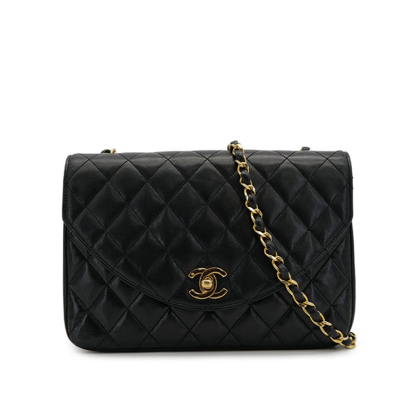 VINTAGE CHANEL MATELASSE HALF MOON CHAIN SHOULDER BAG BLACK LAMB SKIN GOLD HARDWARE 90319939