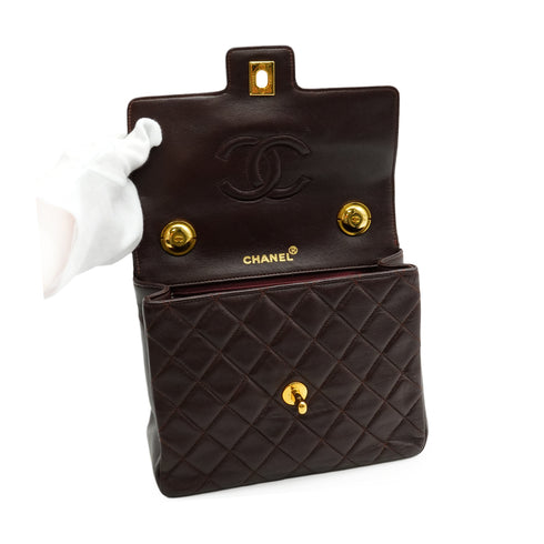VINTAGE CHANEL MATELASSE HAND BAG BROWN LAMB SKIN GOLD HARDWARE 90350385