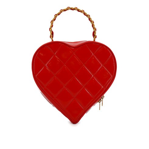 VINTAGE CHANEL MATELASSE HEART VANITY HAND BAG RED ENAMEL GOLD HARDWARE 90348445