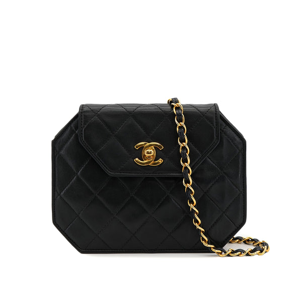 VINTAGE CHANEL MATELASSE OCTAGON CHAIN SHOULDER BAG BLACK LAMB SKIN GOLD HARDWARE 90322923