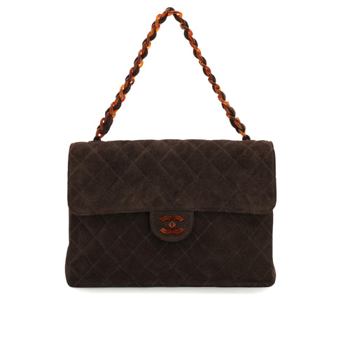 VINTAGE CHANEL MATELASSE PLASTIC CHAIN HAND BAG BROWN SUEDE GOLD HARDWARE 90326855