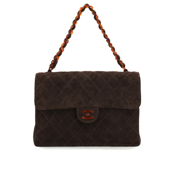 VINTAGE CHANEL MATELASSE PLASTIC CHAIN HAND BAG BROWN SUEDE GOLD HARDWARE 90326855