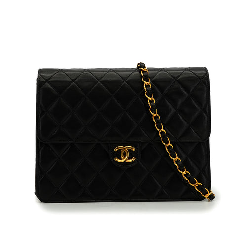 VINTAGE CHANEL MATELASSE PUSH LOCK CHAIN SHOULDER BAG BLACK LAMB SKIN GOLD HARDWARE 90348203