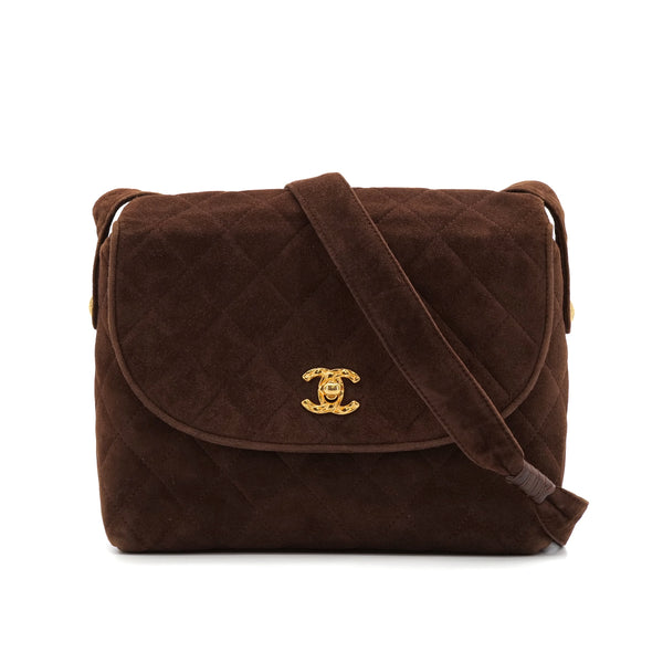 VINTAGE CHANEL MATELASSE SHOULDER BAG BROWN SUEDE GOLD HARDWARE 90343236