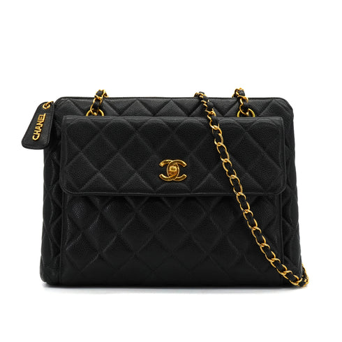 VINTAGE CHANEL MATELASSE TURN LOCK CHAIN SHOULDER BAG BLACK CAVIAR SKIN GOLD HARDWARE 90339974