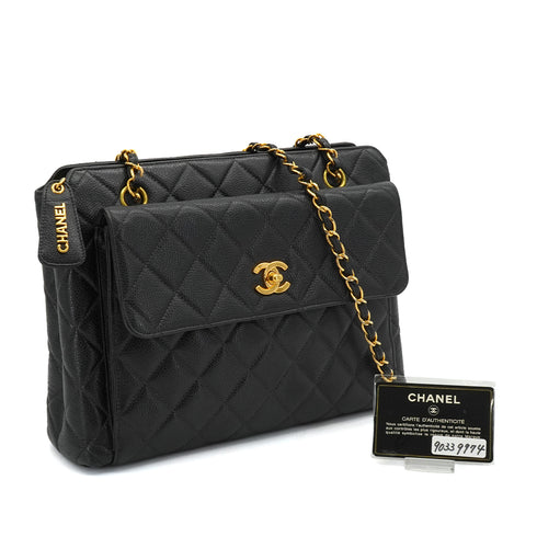 VINTAGE CHANEL MATELASSE TURN LOCK CHAIN SHOULDER BAG BLACK CAVIAR SKIN GOLD HARDWARE 90339974