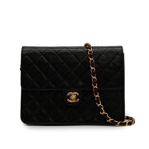 VINTAGE CHANEL MATELASSE TURN LOCK CHAIN SHOULDER BAG BLACK LAMB SKIN GOLD HARDWARE 90348246