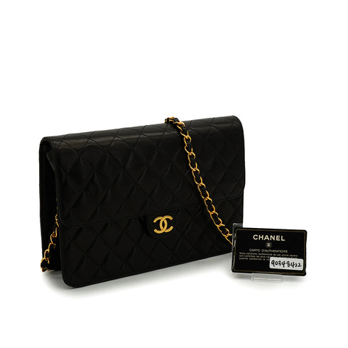 VINTAGE CHANEL MATELASSE TURN LOCK CHAIN SHOULDER BAG BLACK LAMB SKIN GOLD HARDWARE 90348422