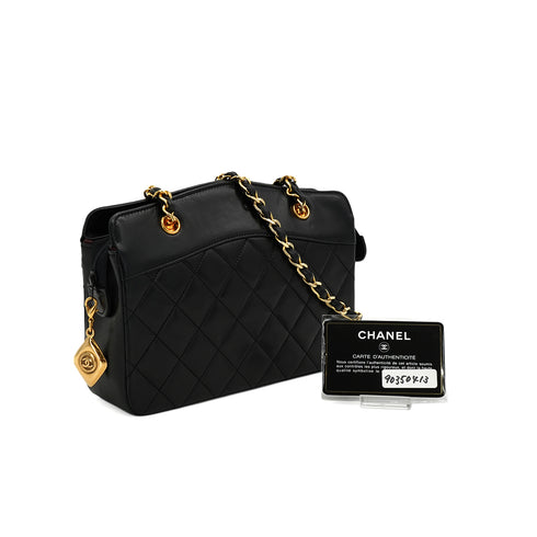 VINTAGE CHANEL MATELLASSE CHAIN HAND BAG BLACK LAMB SKIN GOLD HARDWARE 90350413