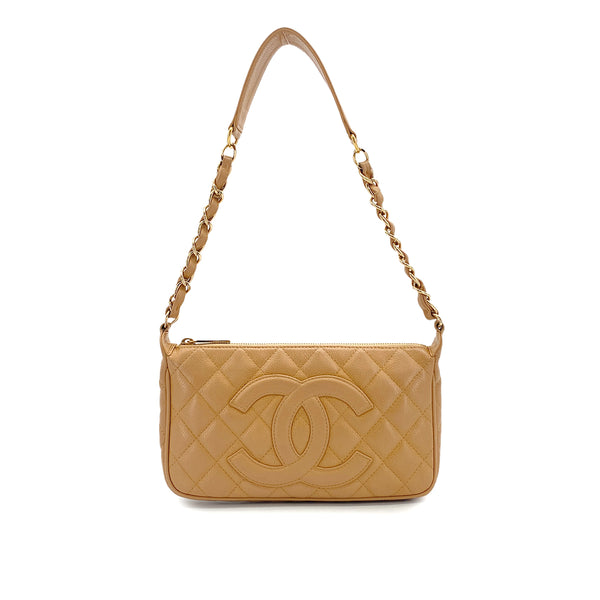 VINTAGE CHANEL MATELLASSE CHAIN SHOULDER BAG BEIGE CAVIAR SKIN GOLD HARDWARE 90327046