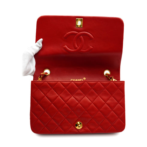 VINTAGE CHANEL MATERASSE FULL FLAP CHAIN SHUOLDER BAG RED LAMB SKIN GOLD HARDWARE 90346116