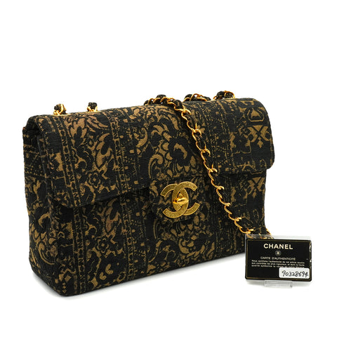 VINTAGE CHANEL MAXI 34 CHAIN SHOULDER BAG BLACK JACQUARD GOLD HARDWARE 90328694