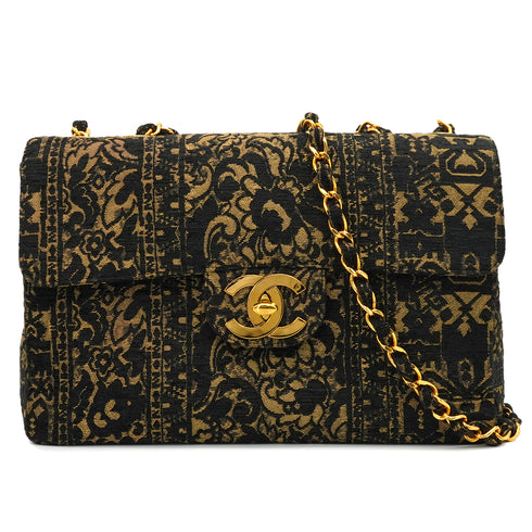 VINTAGE CHANEL MAXI 34 CHAIN SHOULDER BAG BLACK JACQUARD GOLD HARDWARE 90328694