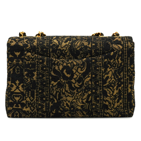 VINTAGE CHANEL MAXI 34 CHAIN SHOULDER BAG BLACK JACQUARD GOLD HARDWARE 90328694