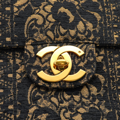VINTAGE CHANEL MAXI 34 CHAIN SHOULDER BAG BLACK JACQUARD GOLD HARDWARE 90328694
