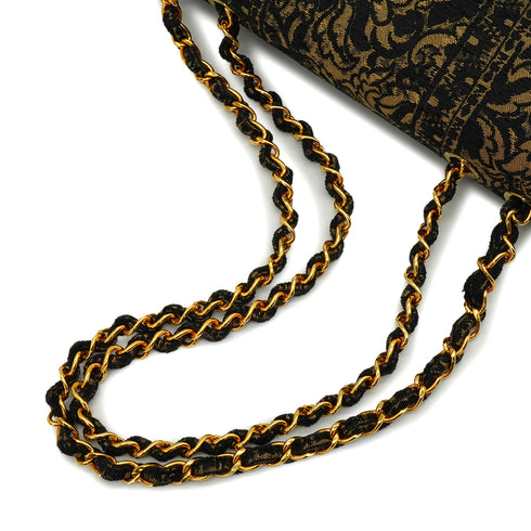 VINTAGE CHANEL MAXI 34 CHAIN SHOULDER BAG BLACK JACQUARD GOLD HARDWARE 90328694