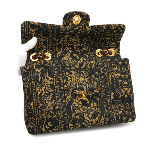 VINTAGE CHANEL MAXI 34 CHAIN SHOULDER BAG BLACK JACQUARD GOLD HARDWARE 90328694