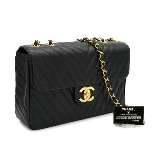 VINTAGE CHANEL MAXI CHEVRON V STITCH BLACK CHAIN SHOULDER BAG CAVIAR SKIN GOLD HARDWARE 90333754