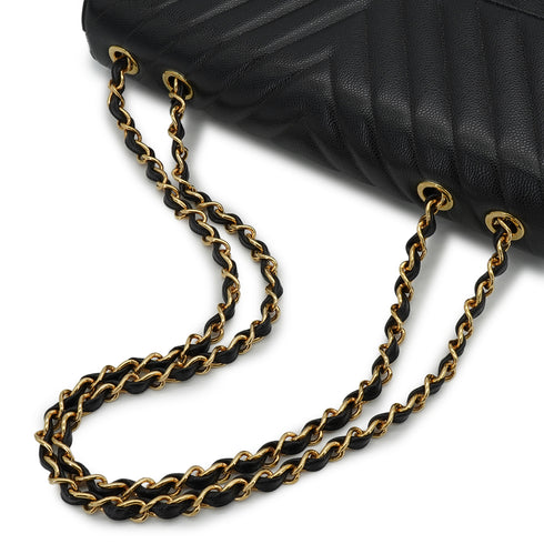 VINTAGE CHANEL MAXI CHEVRON V STITCH BLACK CHAIN SHOULDER BAG CAVIAR SKIN GOLD HARDWARE 90333754