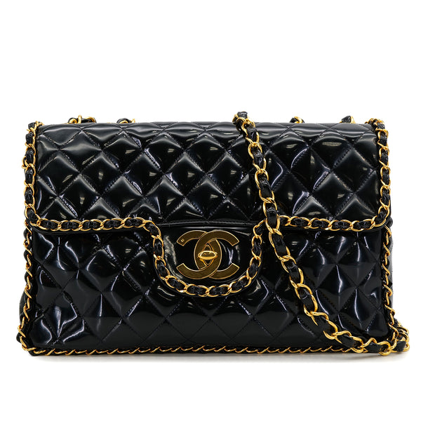 VINTAGE CHANEL MAXI MATELASSE 34 CHAIN SHOULDER BAG BLACK PATENT LEATHER GOLD HARDWARE 90318756