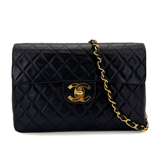 VINTAGE CHANEL MAXI MATELASSE 34 CHAIN SHOULDER BAG BLACK LAMB SKIN GOLD HARDWARE 90318289