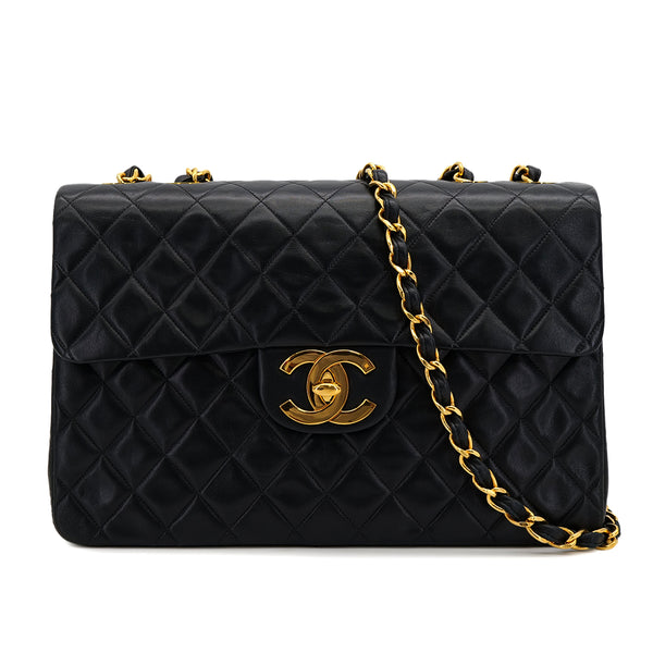 VINTAGE CHANEL MAXI MATELASSE 34 CHAIN SHOULDER BAG BLACK LAMB SKIN GOLD HARDWARE 90323455