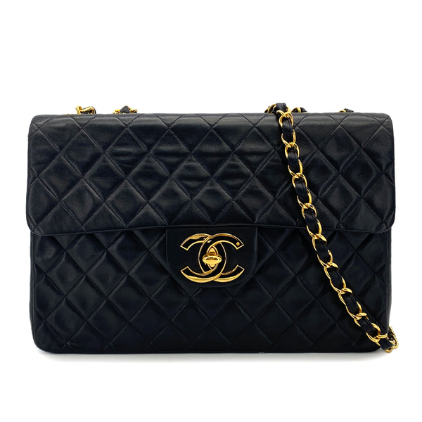 VINTAGE CHANEL MAXI MATELASSE 34 CHAIN SHOULDER BAG BLACK LAMB SKIN GOLD HARDWARE 90323980