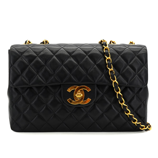 VINTAGE CHANEL MAXI MATELASSE 34 CHAIN SHOULDER BAG BLACK LAMB SKIN GOLD HARDWARE 90326767
