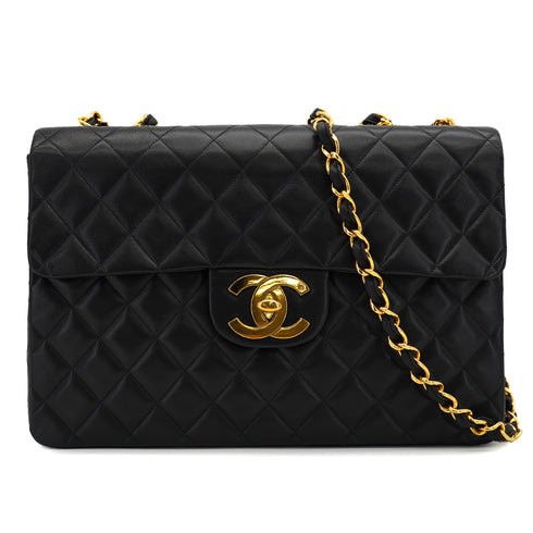 VINTAGE CHANEL MAXI MATELASSE 34 CHAIN SHOULDER BAG BLACK LAMB SKIN GOLD HARDWARE 90331293