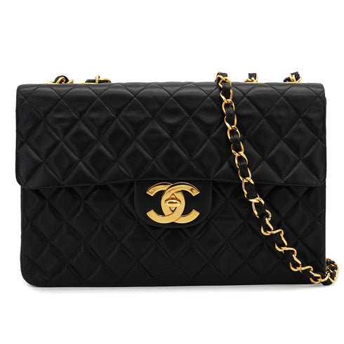 VINTAGE CHANEL MAXI MATELASSE 34 CHAIN SHOULDER BAG BLACK LAMB SKIN GOLD HARDWARE 90331859