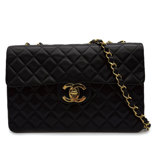 VINTAGE CHANEL MAXI MATELASSE 34 CHAIN SHOULDER BAG BLACK LAMB SKIN GOLD HARDWARE 90316999