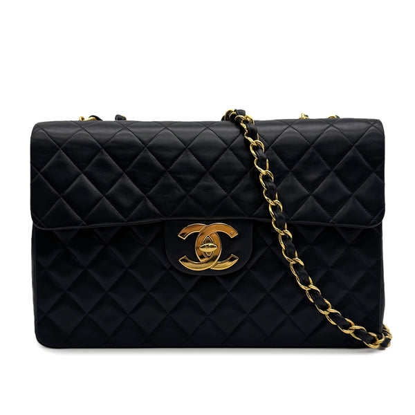 VINTAGE CHANEL MAXI MATELASSE 34 CHAIN SHOULDER BAG BLACK LAMB SKIN GOLD HARDWARE 90313536