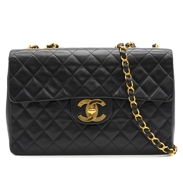 VINTAGE CHANEL MAXI MATELASSE 34 CHAIN SHOULDER BAG BLACK LAMB SKIN GOLD HARDWARE 90335487